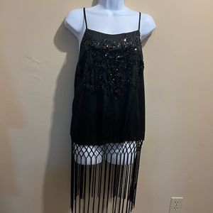 Camisole with long black fringe, sequin embellished front,